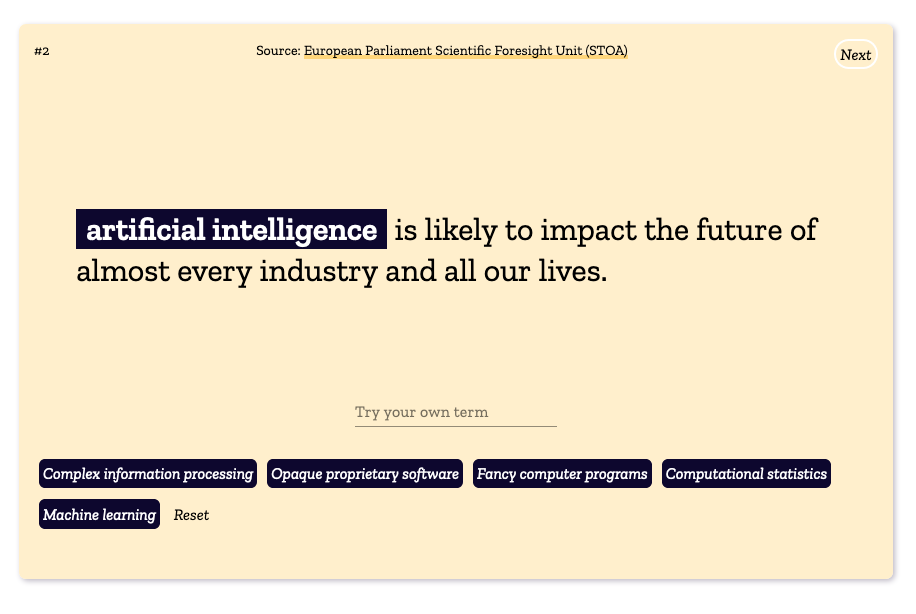 Interface with a headline about AI and a selection of other words to replace the word