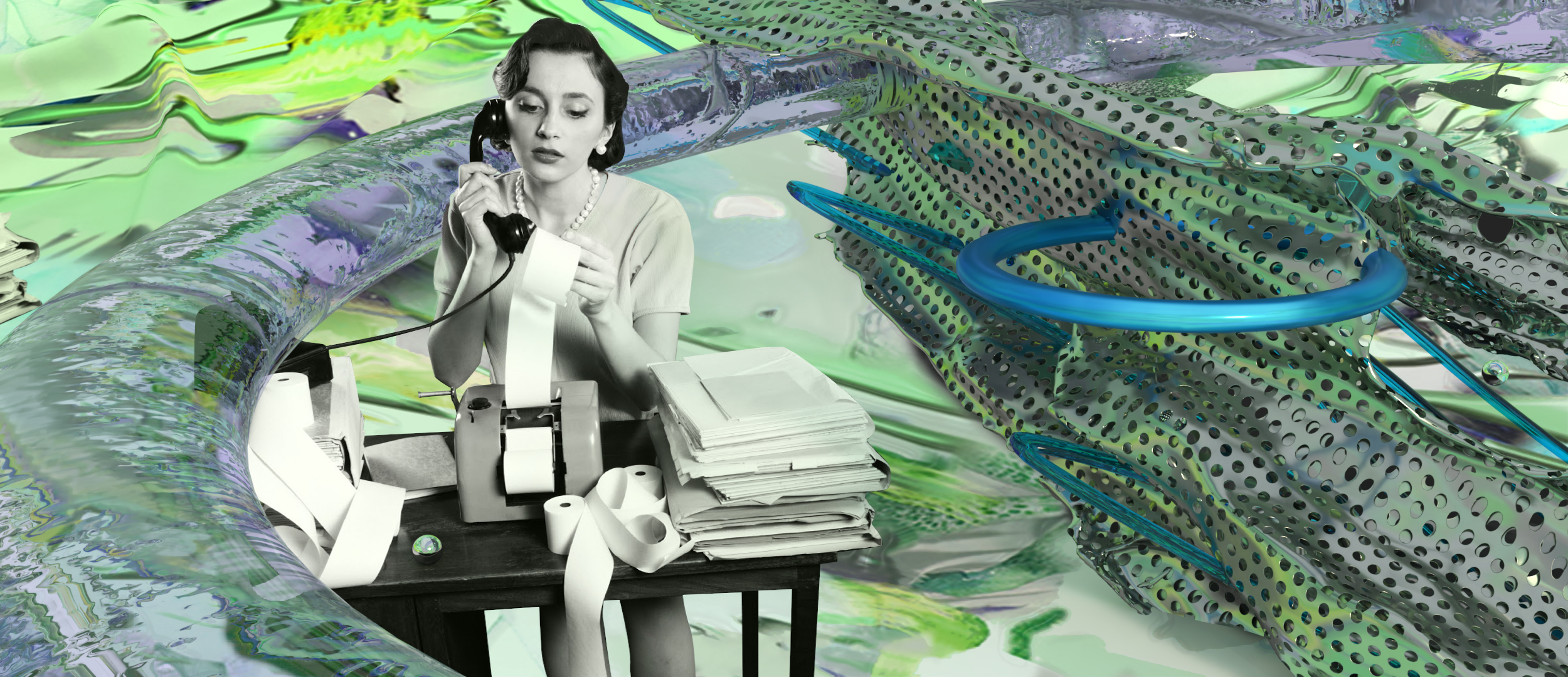 An illustration of a 1950s female secretary surrounded by glitch material resembling smart speakers